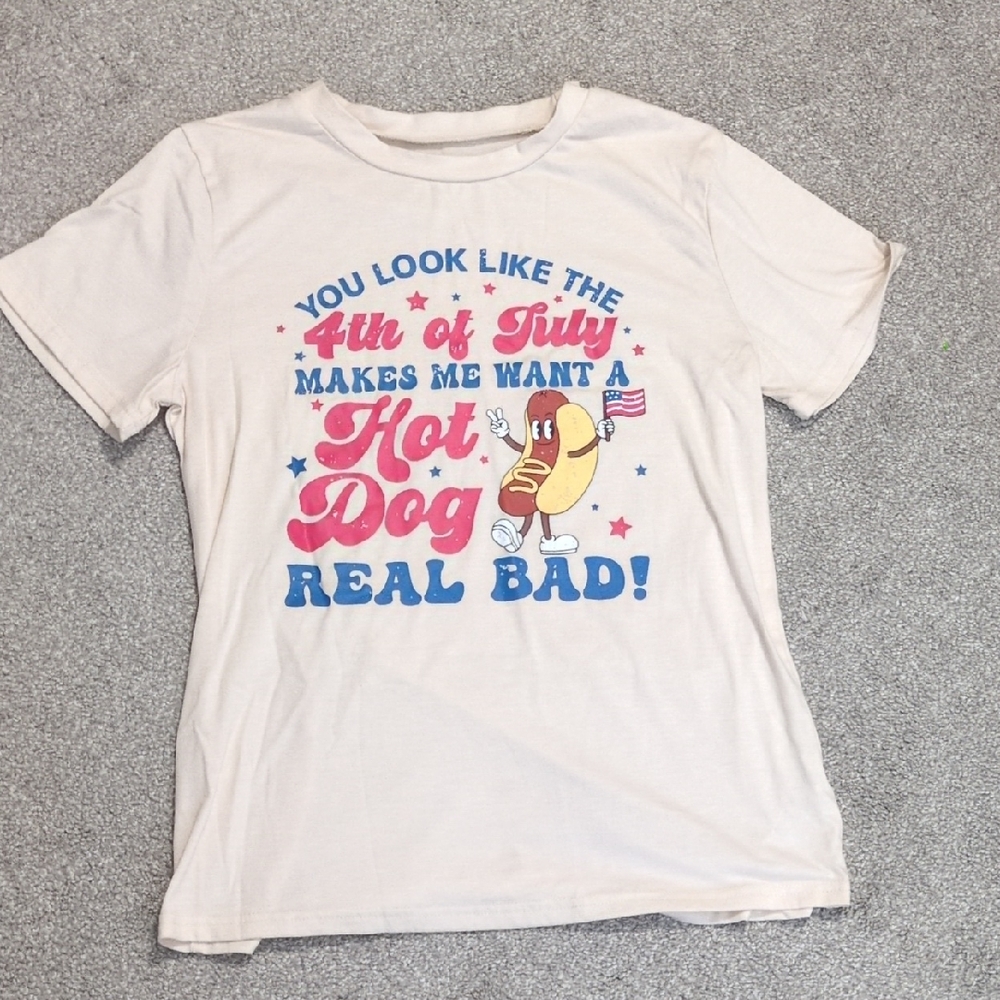 Women's Cream Graphic Tee - 4th of July Hot Dog Design